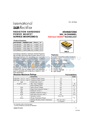 IRHNB4Z60 datasheet - RADIATION HARDENED POWER MOSFET SURFACE MOUNT(SMD-3)