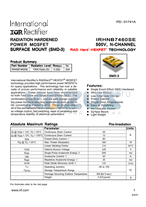 IRHNB7460SE datasheet - RADIATION HARDENED POWER MOSFET SURFACE MOUNT (SMD-3)