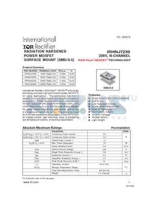 IRHNJ8230 datasheet - RADIATION HARDENED POWER MOSFET SURFACE MOUNT (SMD-0.5)