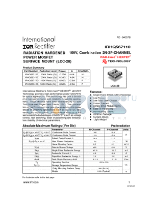 IRHQ563110 datasheet - RADIATION HARDENED 100V, COMBINATION 2N-2P-CHANNEL POWER MOSFET SURFACE MOUNT (LCC-28)