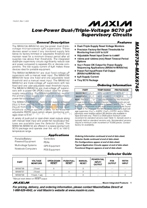 MAX6737XKR datasheet - Low-Power Dual-/Triple-Voltage SC70 UP Supervisory Circuits