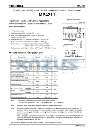 MP4211 datasheet - High Power, High Speed Switching Applications For Printer Head Pin Driver and Pulse Motor Driver For Solenoid Driver