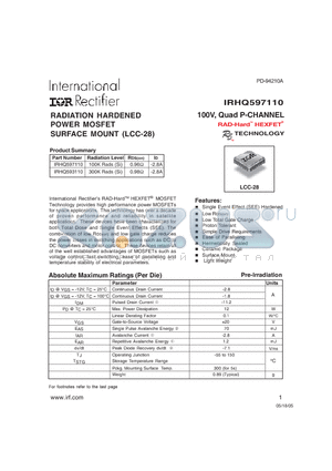 IRHQ593110 datasheet - RADIATION HARDENED POWER MOSFET SURFACE MOUNT (LCC-28) 100V, Quad P-CHANNEL