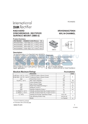IRHSNA54064 datasheet - RAD-HARD SYNCHRONOUS RECTIFIER SURFACE MOUNT(SMD-2)