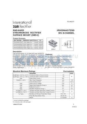 IRHSNA58Z60 datasheet - RAD-HARD SYNCHRONOUS RECTIFIER SURFACE MOUNT (SMD-2) 30V N-CHANNEL