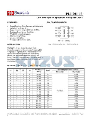 P701-13SC datasheet - Low EMI Spread Spectrum Multiplier Clock