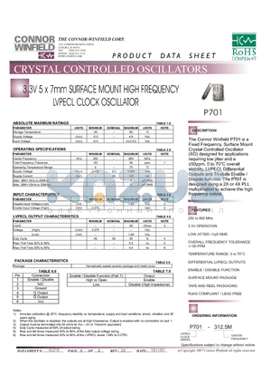 P701 datasheet - 3.3V 5X7mm SURFACE MOUNT HIGH FREQUENCY LVPECL CLOCK OSCILLATOR