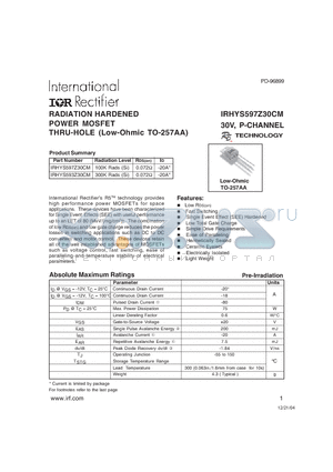 IRHYS593Z30CM datasheet - RADIATION HARDENED POWER MOSFET THRU-HOLE (Low-Ohmic TO-257AA)