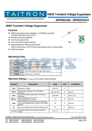 MP4KE18CA datasheet - 400W Transient Voltage Suppressor