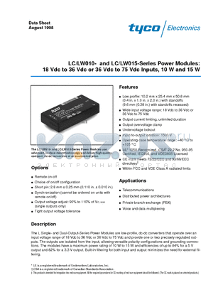 LW010AJ datasheet - Power Modules: 18 Vdc to 36 Vdc or 36 Vdc to 75 Vdc Inputs, 10 W and 15 W
