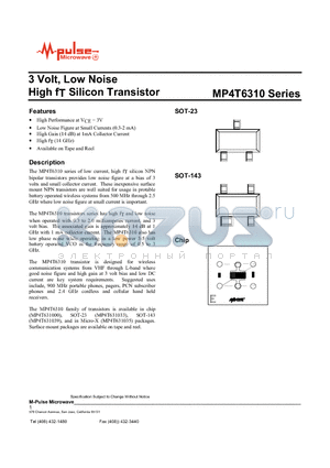 MP4T6310500 datasheet - 3 Volt, Low Noise High fT Silicon Transistor