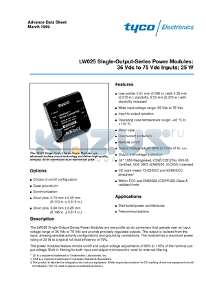 LW025A datasheet - LW025 Single-Output-Series Power Modules 36 Vdc to 75 Vdc Inputs 25 W