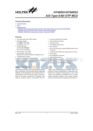 HT46R52 datasheet - A/D Type 8-Bit OTP MCU