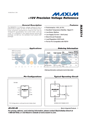 MAX674ESA datasheet - 10V Precision Voltage Reference