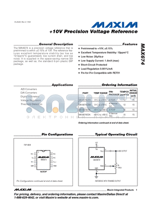 MAX674CPA datasheet - 10V Precision Voltage Reference