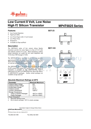 MP4T6825 datasheet - Low Current 8 Volt, Low Noise High fT Silicon Transistor