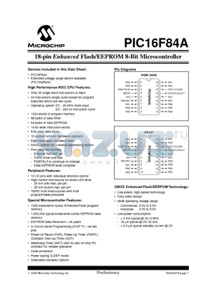 PIC16LF84A-20I/SS datasheet - 18-pin Enhanced Flash/EEPROM 8-Bit Microcontroller