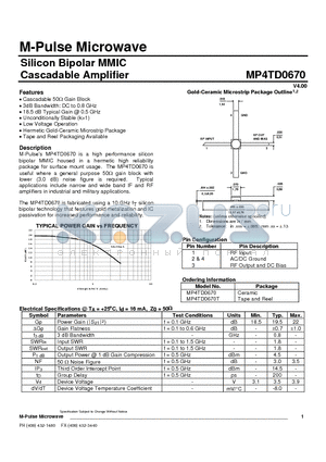 MP4TD0670 datasheet - Silicon Bipolar MMIC Cascadable Amplifier