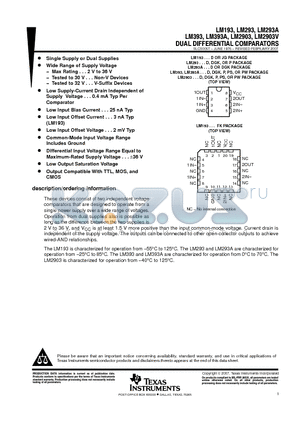 LM193FK datasheet - DUAL DIFFERENTIAL COMPARATORS