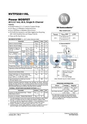 NVTFS5811NLTWG datasheet - Power MOSFET 40 V, 6.7 m, 40 A, Single NChannel Small Footprint