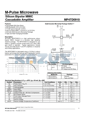 MP4TD0910 datasheet - Silicon Bipolar MMIC Cascadable Amplifier