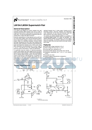 LM194H/883 datasheet - LM194/LM394 Supermatch Pair