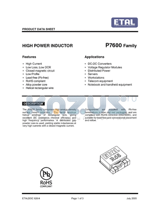 P7600-1R2MT datasheet - HIGH POWER INDUCTOR