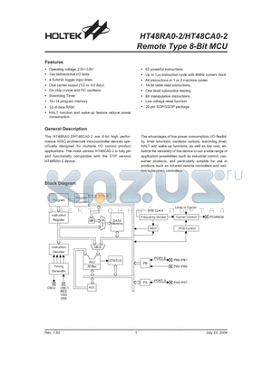 HT48CA0-2 datasheet - Remote Type 8-Bit MCU