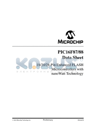 PIC16LF87-I/P datasheet - 18/20/28-Pin Enhanced FLASH Microcontrollers with nanoWatt Technology