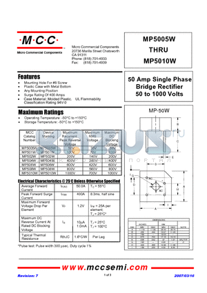 MP5005W datasheet - 50 Amp Single Phase Bridge Rectifier 50 to 1000 Volts