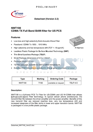 NWT190 datasheet - CDMA TX Full Band BAW-filter for US PCS