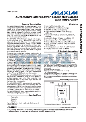 MAX6765TTLD2T datasheet - Automotive Micropower Linear Regulators with Supervisor