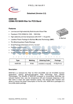 NWR190 datasheet - CDMA RX BAW-filter for PCS Band