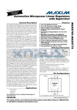 MAX6765TT_D_/V+ datasheet - Automotive Micropower Linear Regulators with Supervisor