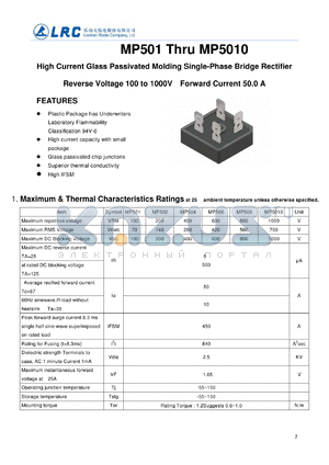 MP501 datasheet - High Current Glass Passivated Molding Single-Phase Bridge Rectifier
