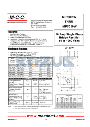 MP501W-BP datasheet - 50 Amp Single Phase Bridge Rectifier 50 to 1000 Volts