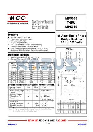 MP504 datasheet - 50 Amp Single Phase Bridge Rectifier 50 to 1000 Volts