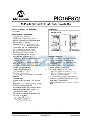 PIC16LF872-I/SP datasheet - 28-Pin, 8-Bit CMOS FLASH Microcontroller