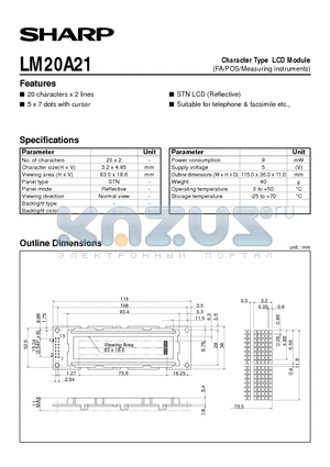 LM20A21 datasheet - Character Type LCD Module(FA/POS/Measuring instruments)