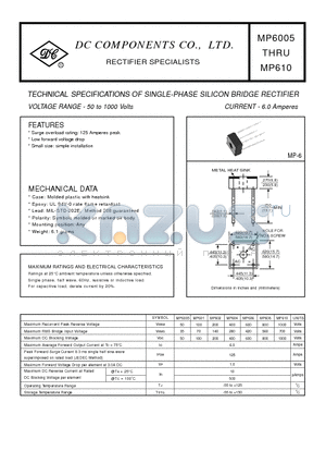 MP601 datasheet - TECHNICAL SPECIFICATIONS OF SINGLE-PHASE SILICON BRIDGE RECTIFIER VOLTAGE RANGE - 50 to 1000 Volts