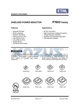P7603-0603-2R9M datasheet - SHIELDED POWER INDUCTOR