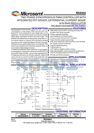 NX2422 datasheet - TWO PHASE SYNCHRONOUS PWM CONTROLLER WITH INTEGRATED FET DRIVER, DIFFERENTIAL CURRENT SENSE & 5V BIAS REGULATOR