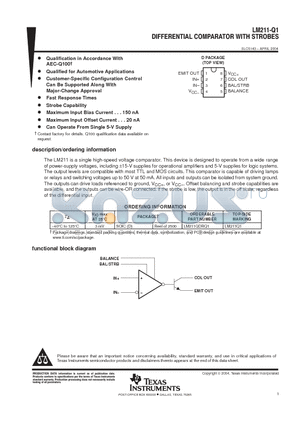 LM211QDRQ1 datasheet - DIFFERENTIAL COMPARATOR WITH STROBES