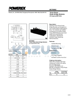 ME700802 datasheet - Three-Phase Diode Bridge Modules (20 Amperes/800 Volts)