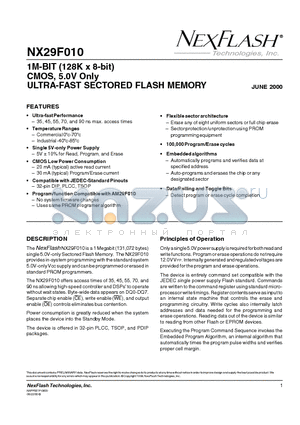 NX29F010-45T datasheet - 1M-BIT (128K x 8-bit) CMOS, 5.0V Only ULTRA-FAST SECTORED FLASH MEMORY