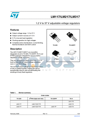 LM217T datasheet - 1.2 V to 37 V adjustable voltage regulators