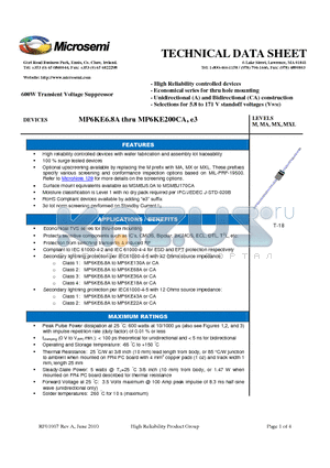 MP6KE13A datasheet - 600W Transient Voltage Suppressor