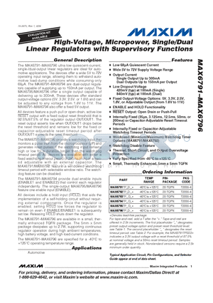 MAX6791TP datasheet - High-Voltage, Micropower, Single/Dual Linear Regulators with Supervisory Functions