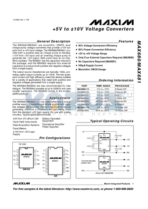 MAX680 datasheet - 5V to a10V Voltage Converters