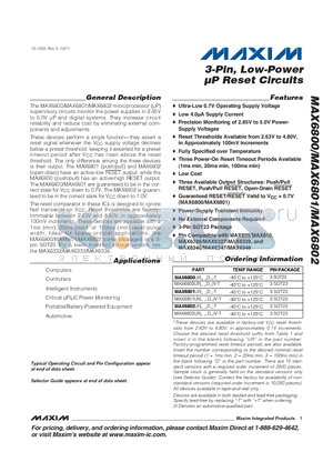 MAX6800UR44D3-T datasheet - 3-Pin, Low-Power uP Reset Circuits